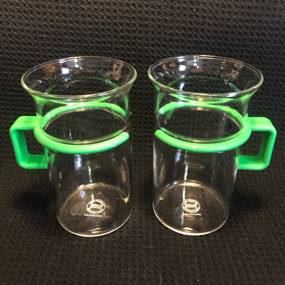 Gorgeous pair of Bodum coffee mugs. Green handles. Made in Denmark